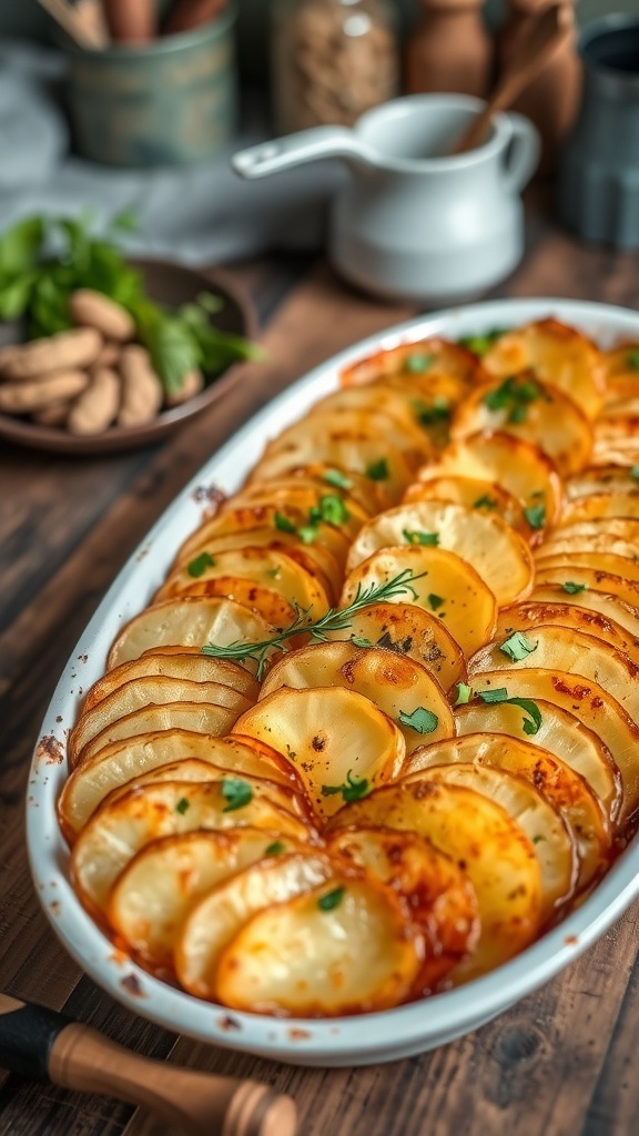 Crispy Upside Down Potato Bake Crispy upside down potato bake with golden layers of potatoes, garnished with herbs on a wooden table.